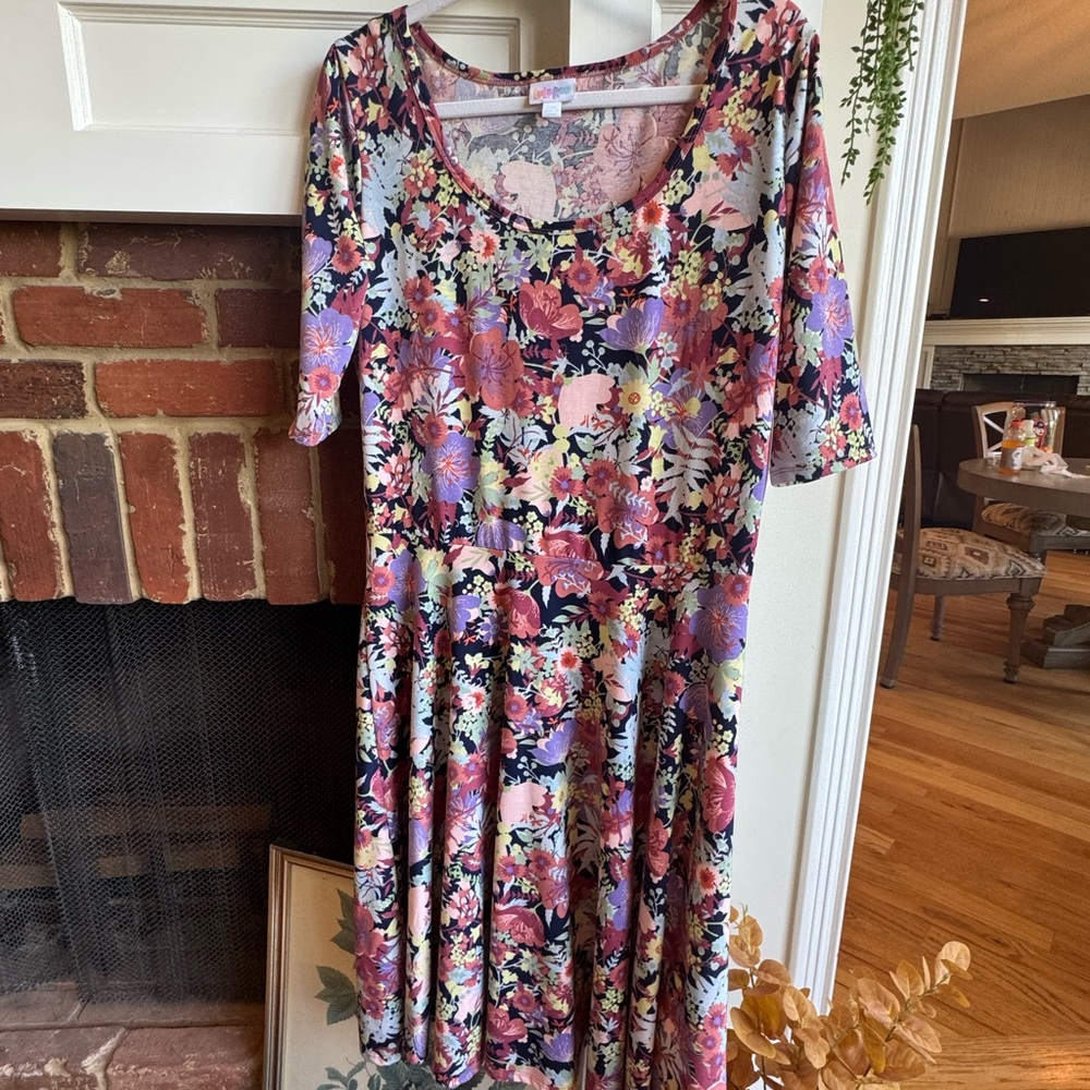 LuLaRoe Pink and Purple Midi Sundress with 3/4 Sleeves